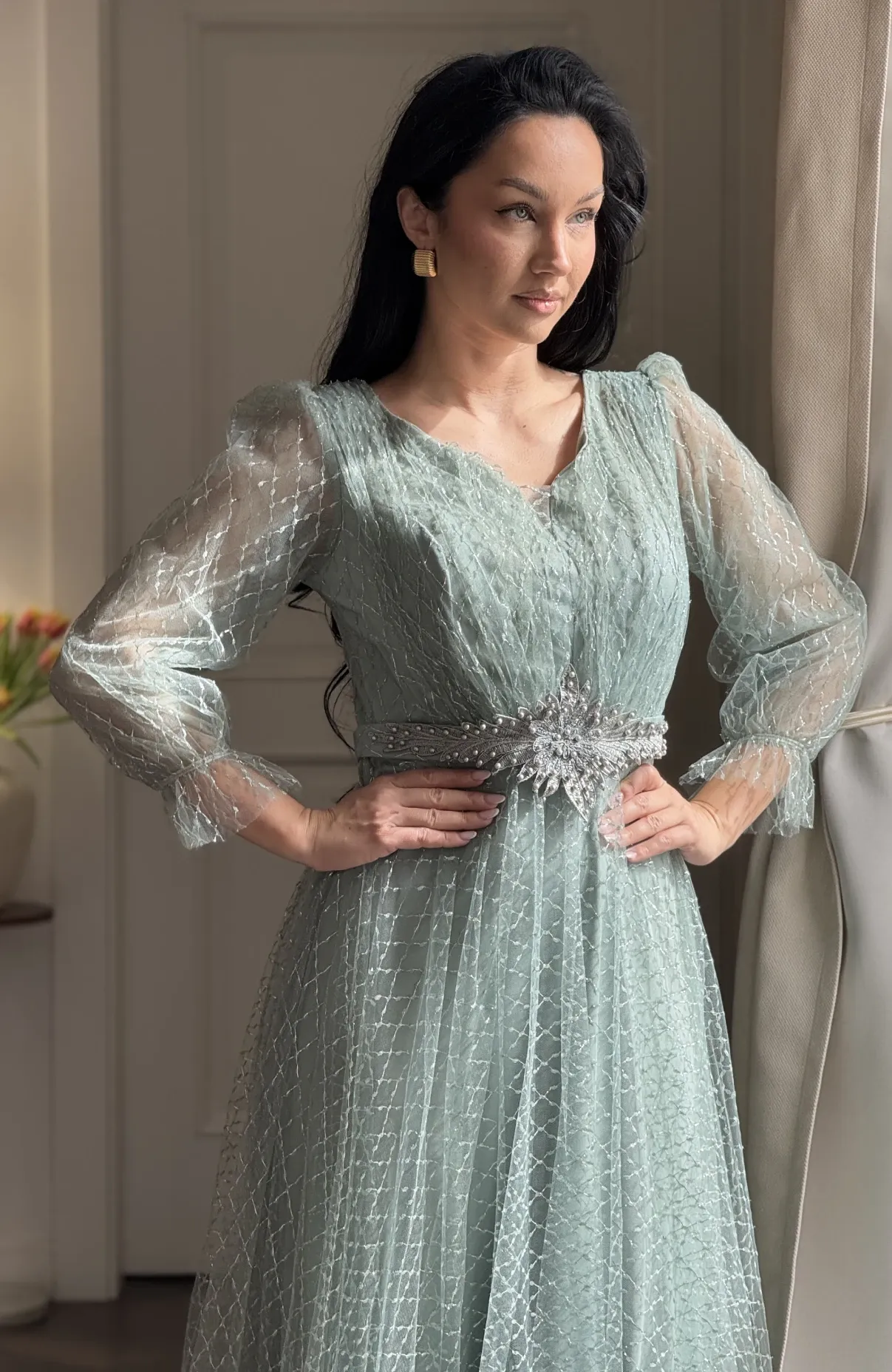 Rochie de ocazie lunga verde menta din tull