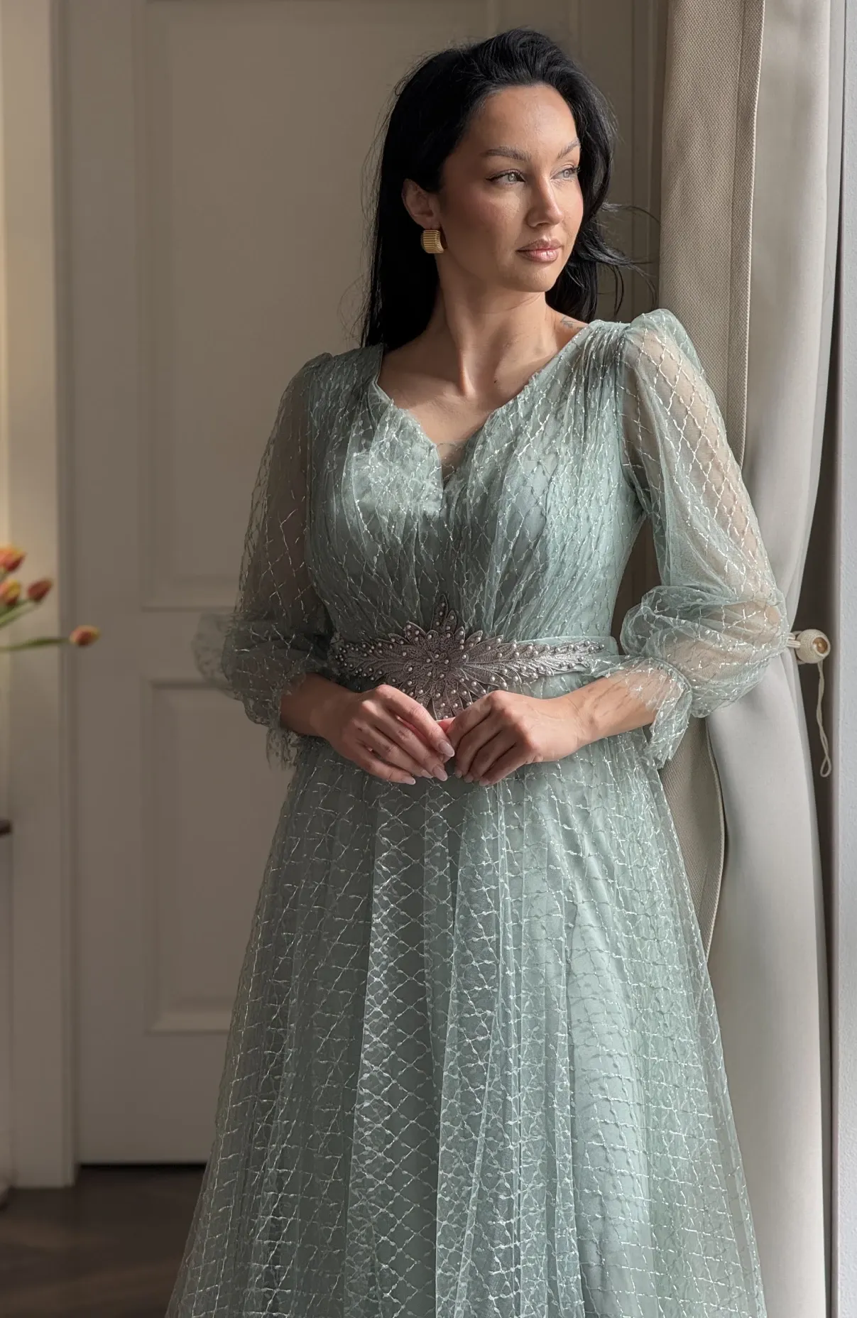 Rochie de ocazie lunga verde menta din tull 6
