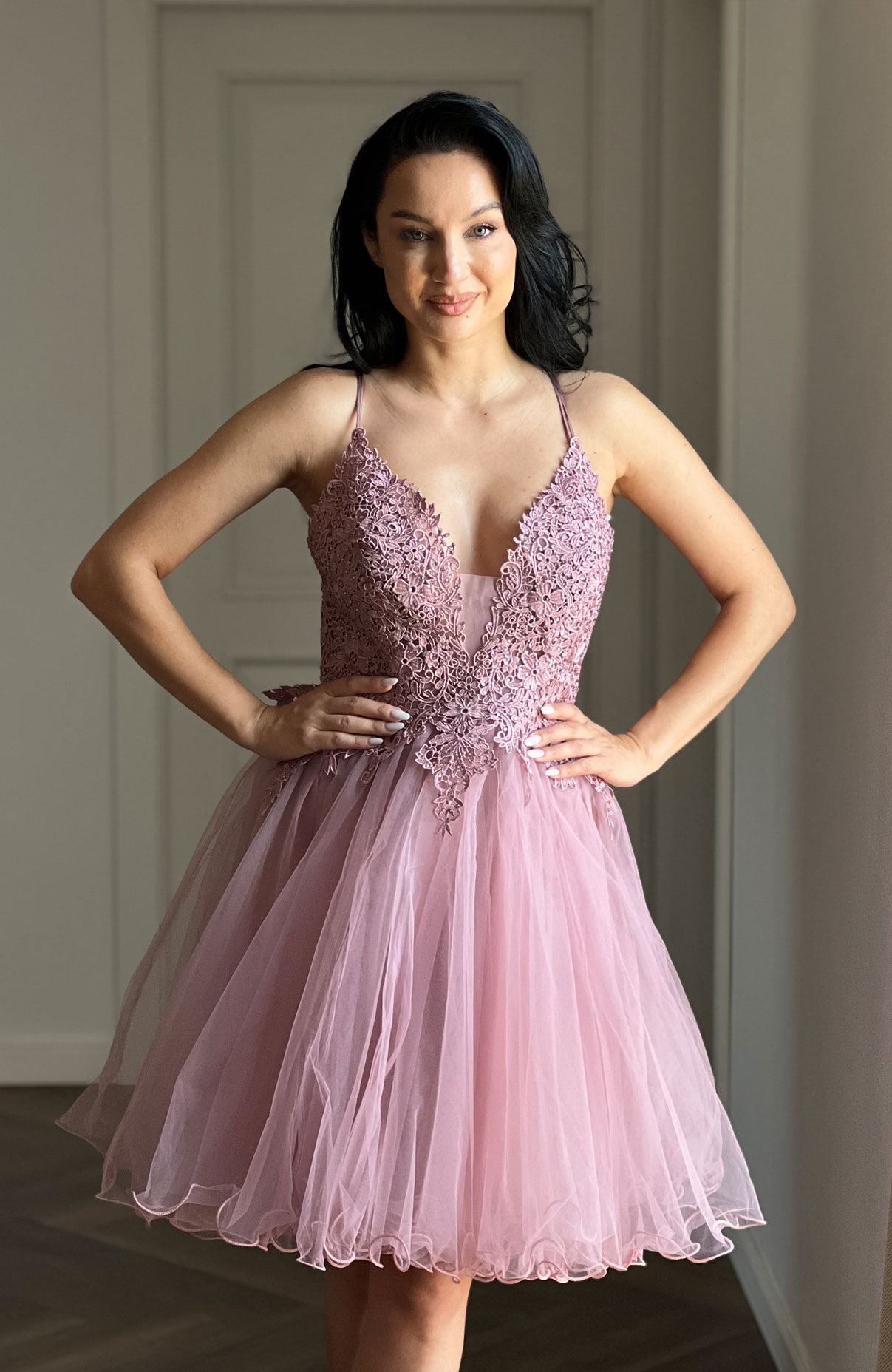 Rochie de ocazie midi roz cu tull 3