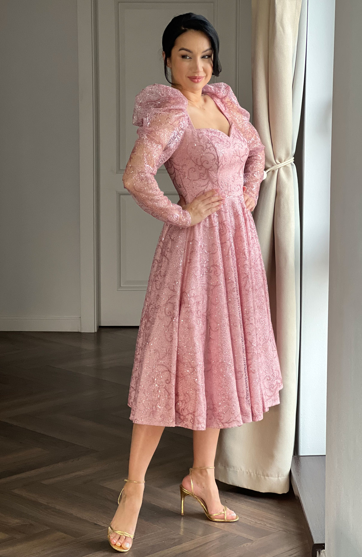 Rochie de ocazie midi din dantela roz 4