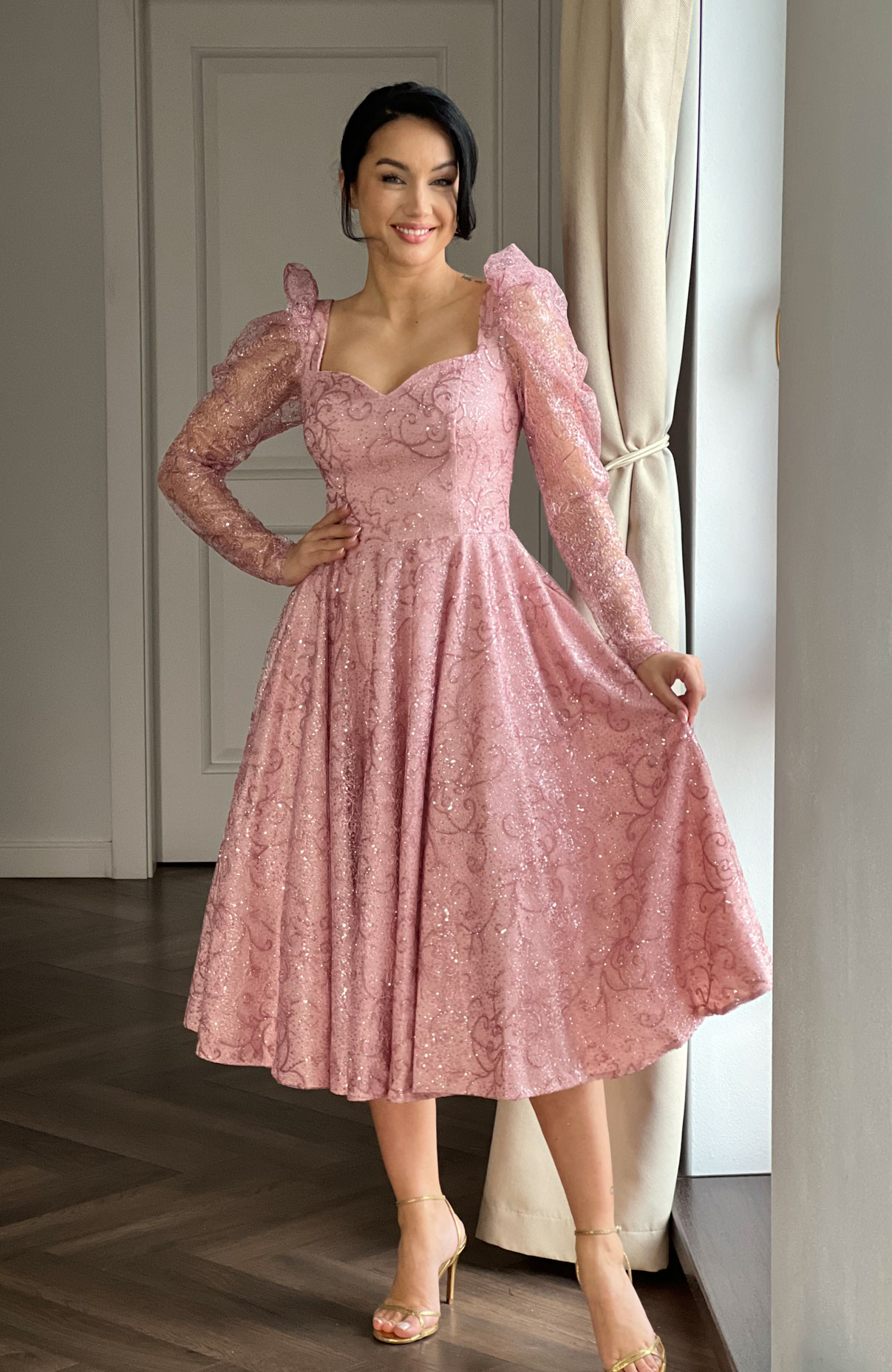 Rochie de ocazie midi din dantela roz 3