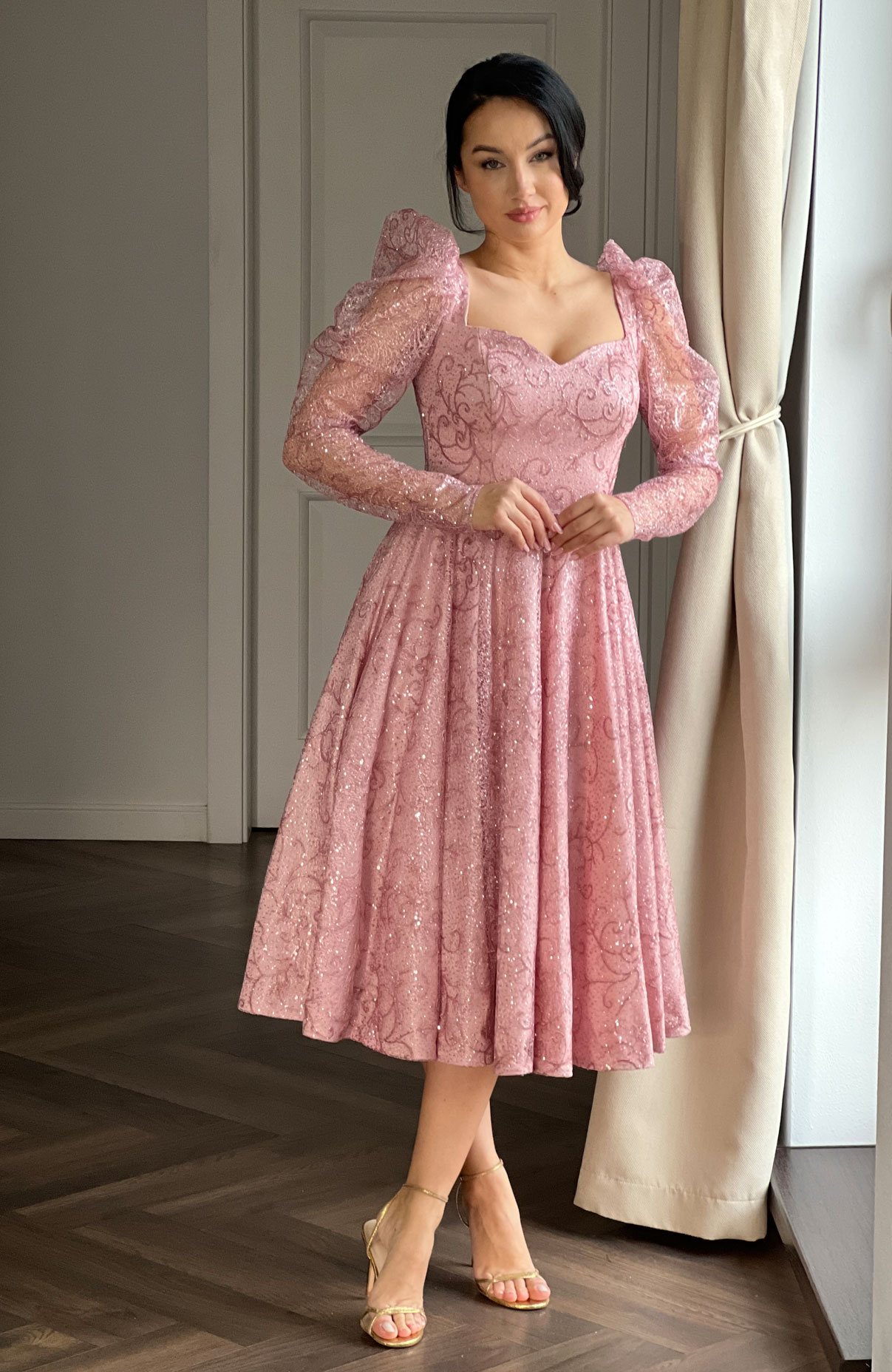 Rochie de ocazie midi din dantela roz 2