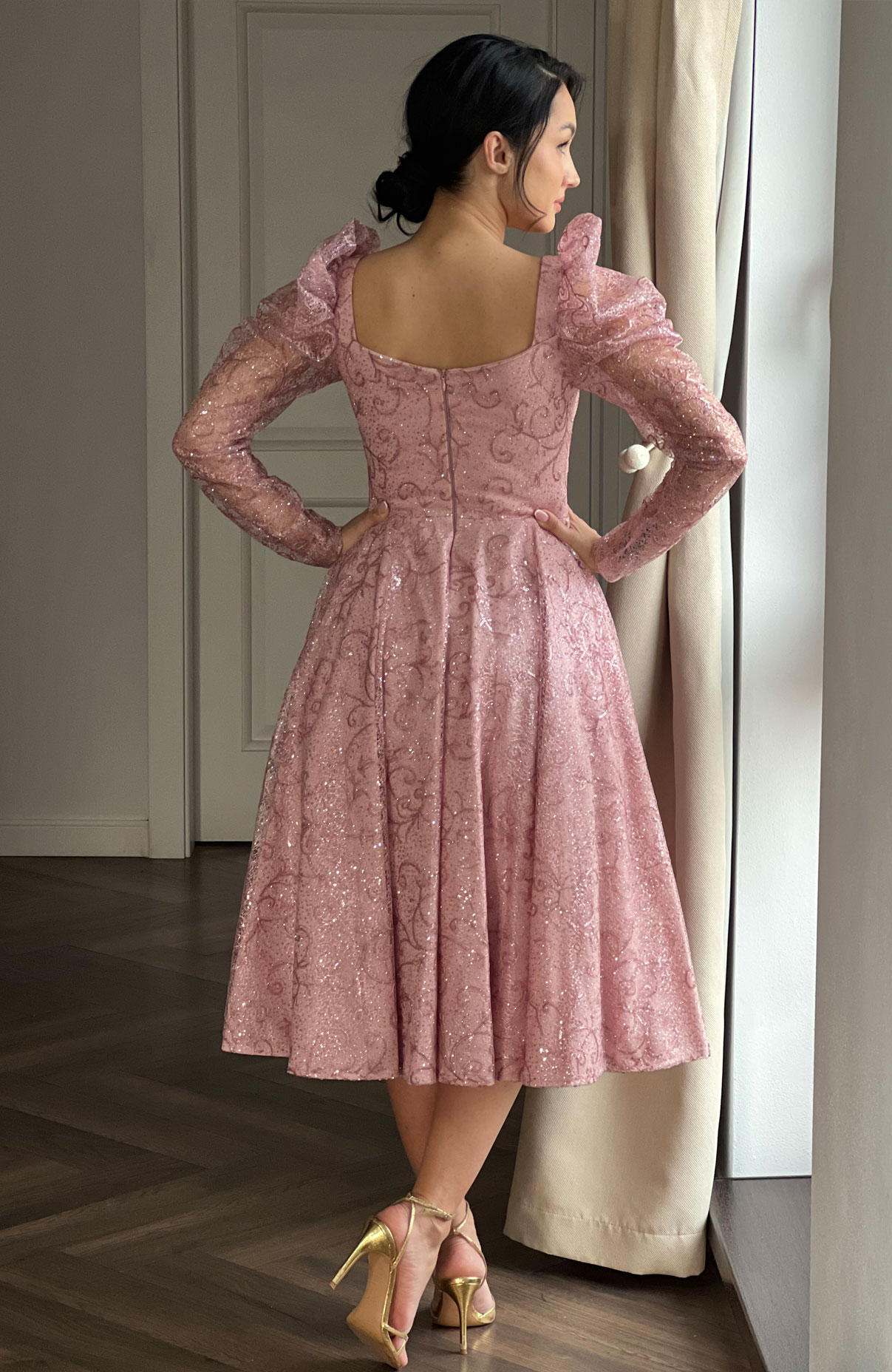 Rochie de ocazie midi din dantela roz 6