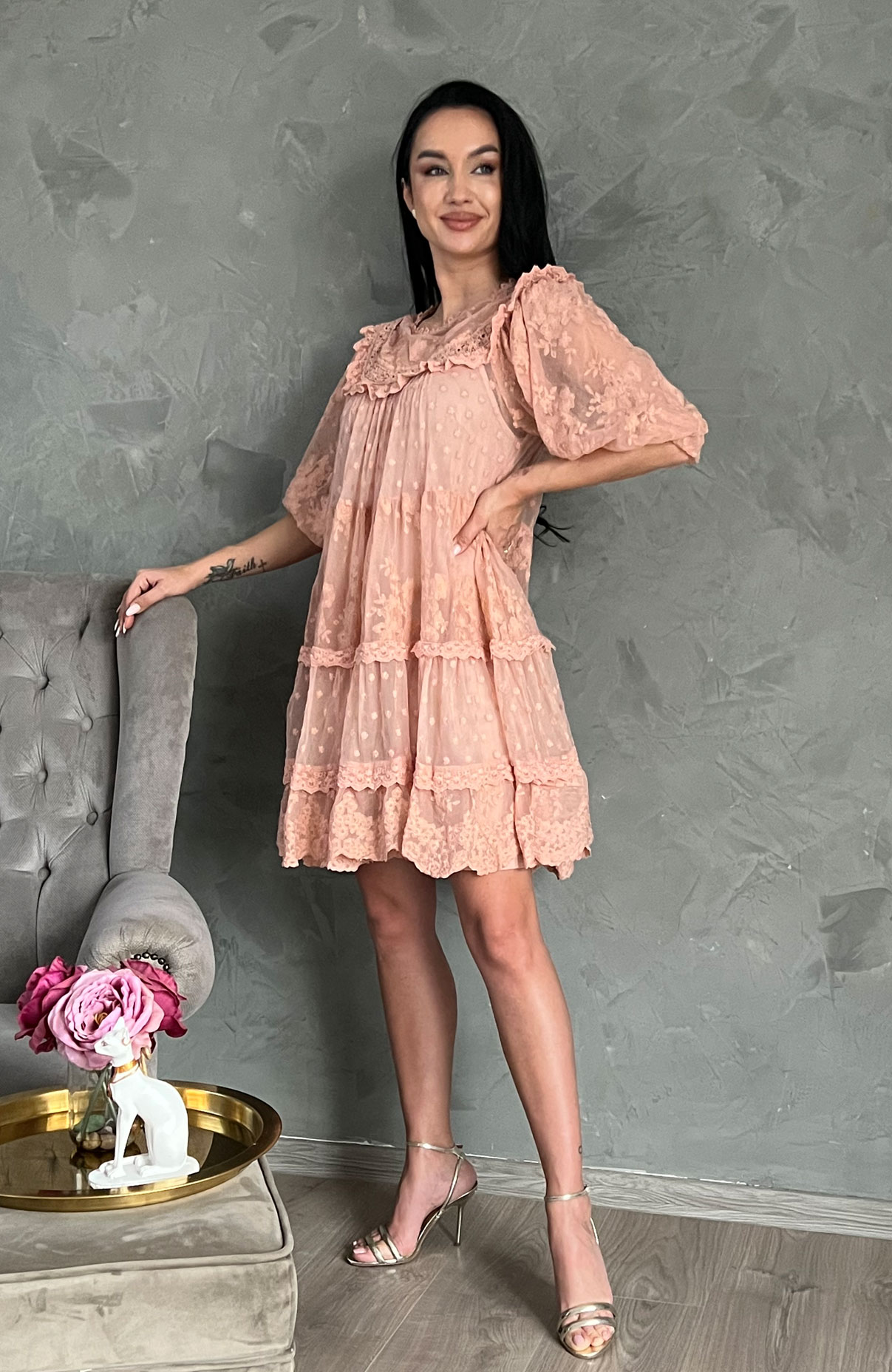 Rochie de ocazie roz cu broderie dantela 6