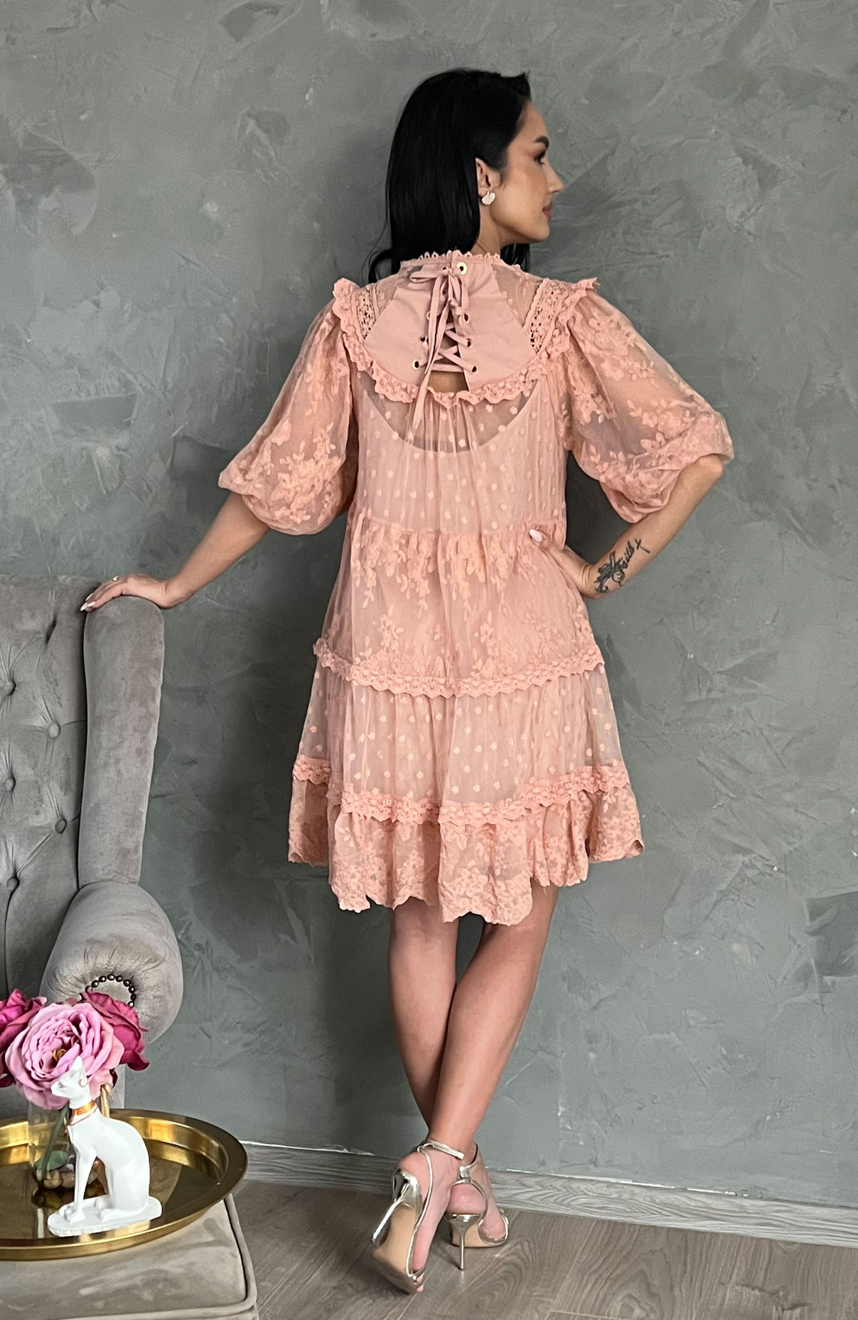 Rochie de ocazie roz cu broderie dantela 7