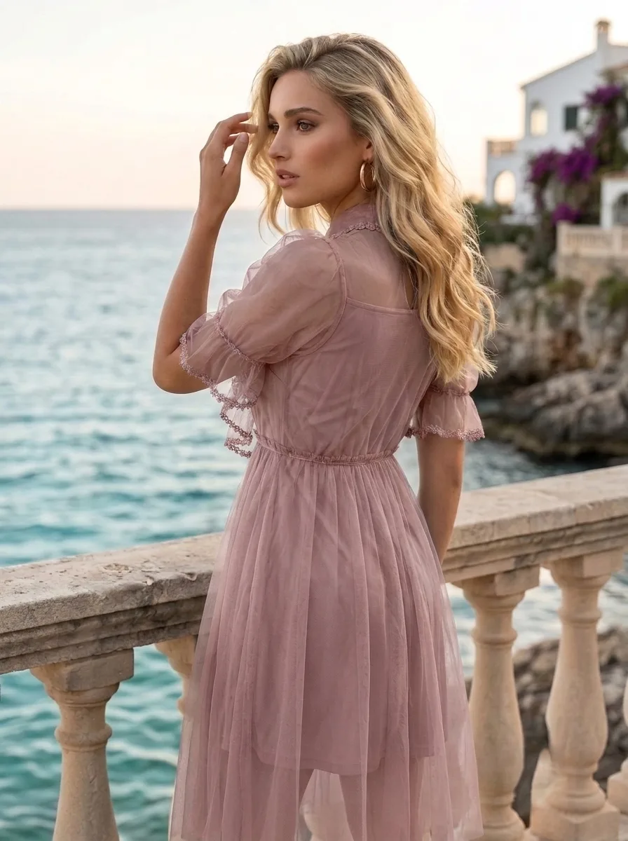 Rochie de ocazie roz prafuit cu broderie dantela 5