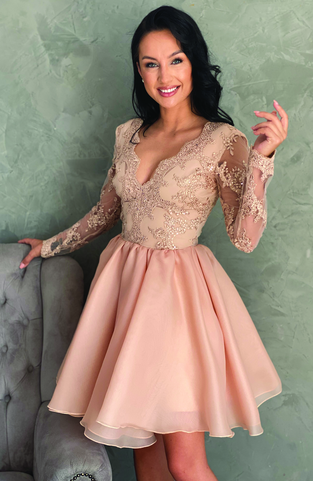 Rochie eleganta de ocazie din dantela si voal