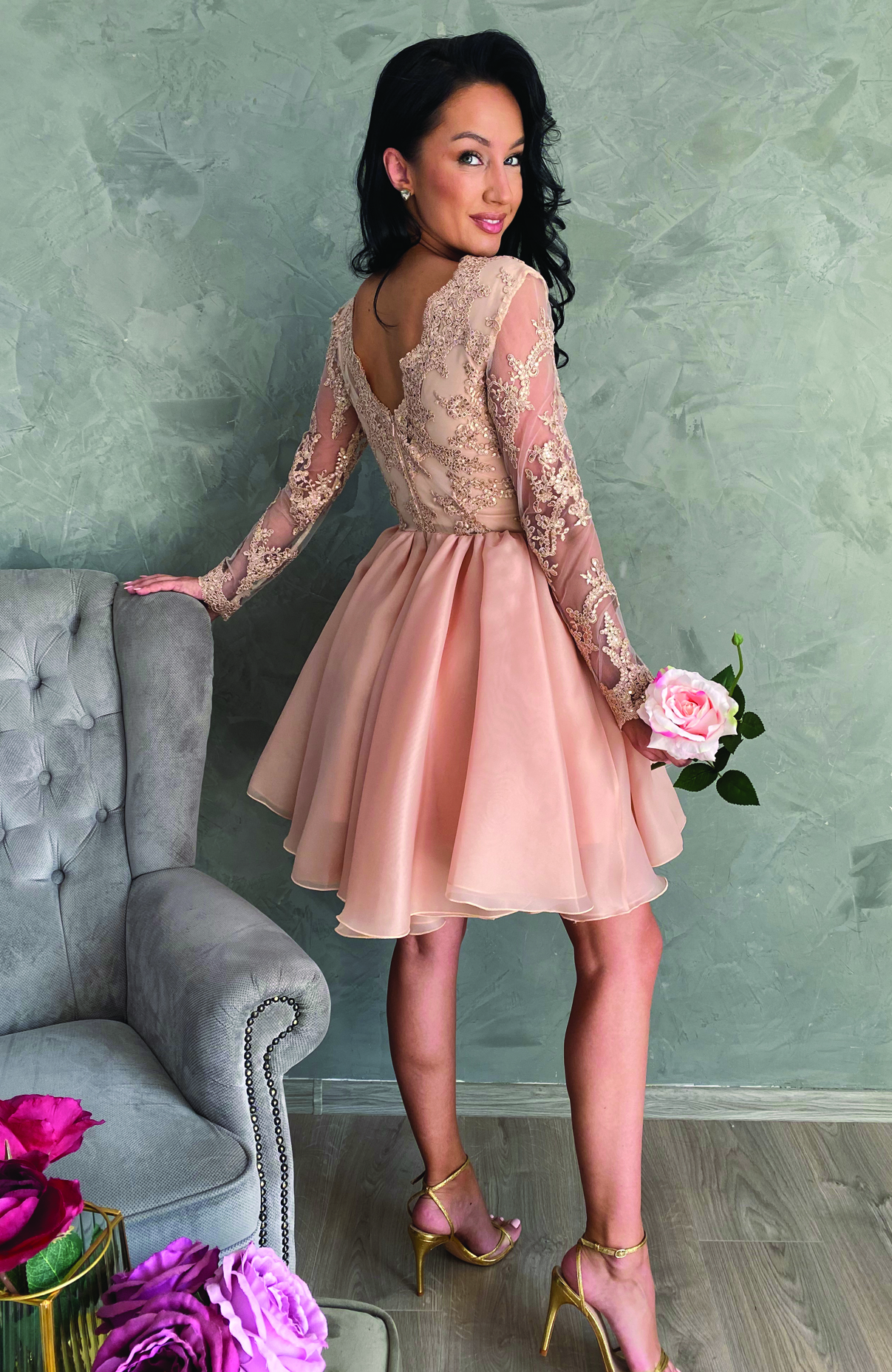 Rochie eleganta de ocazie din dantela si voal 6