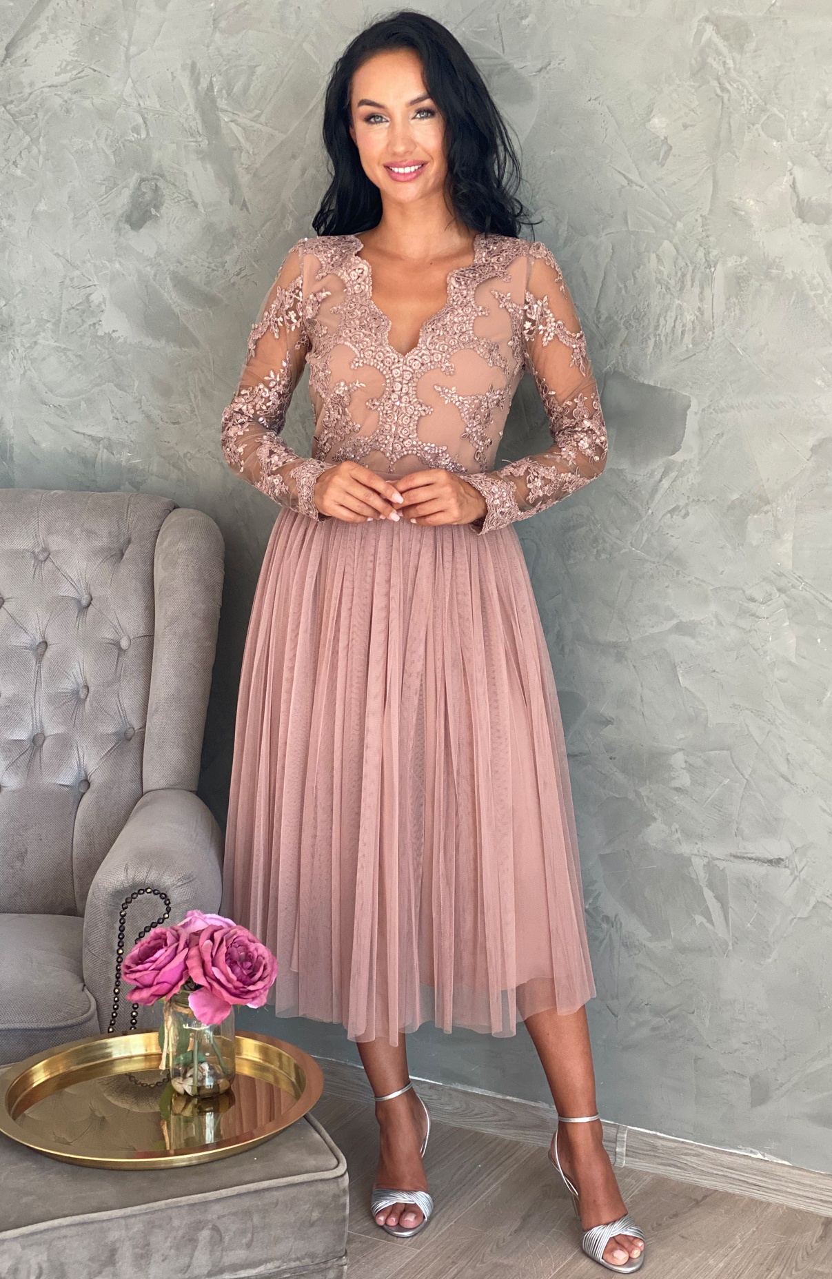 Rochie eleganta midi din dantela si tul 3