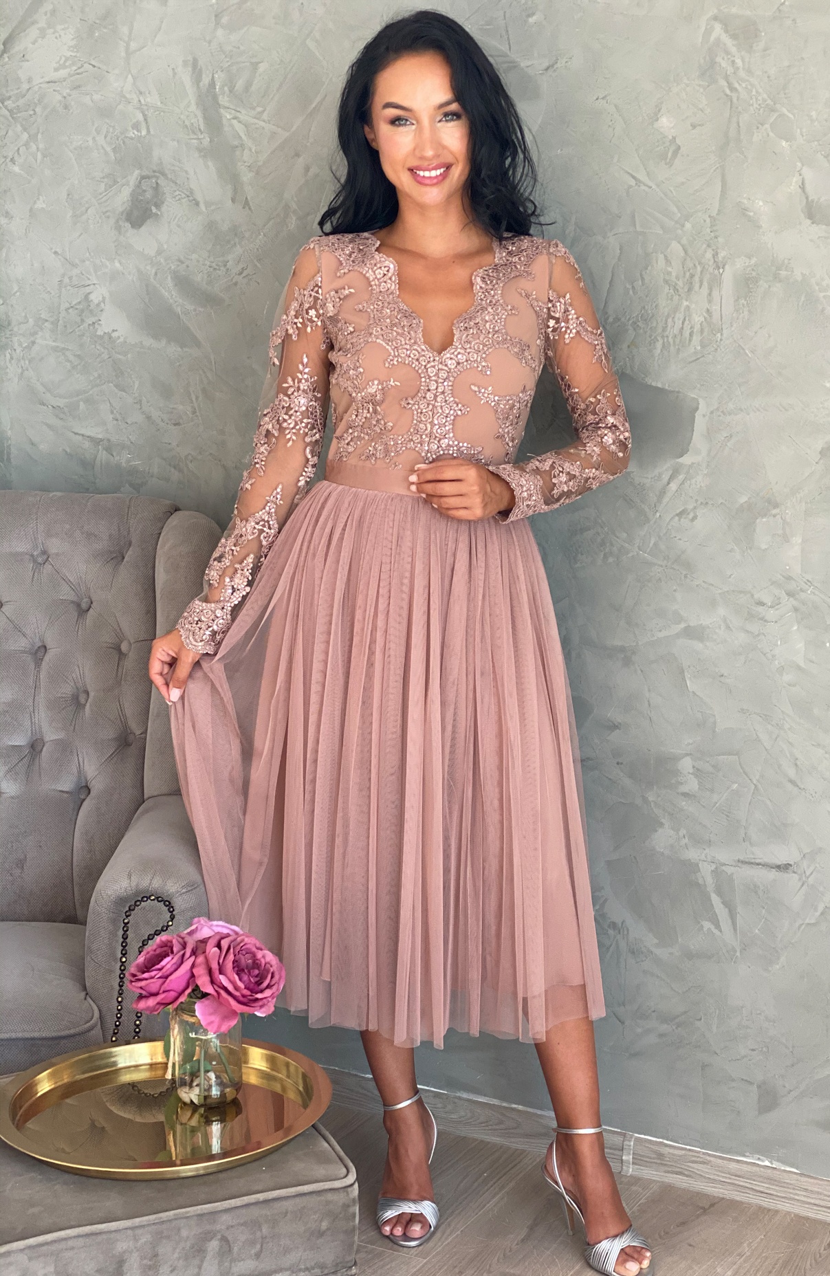 Rochie eleganta midi din dantela si tul 2