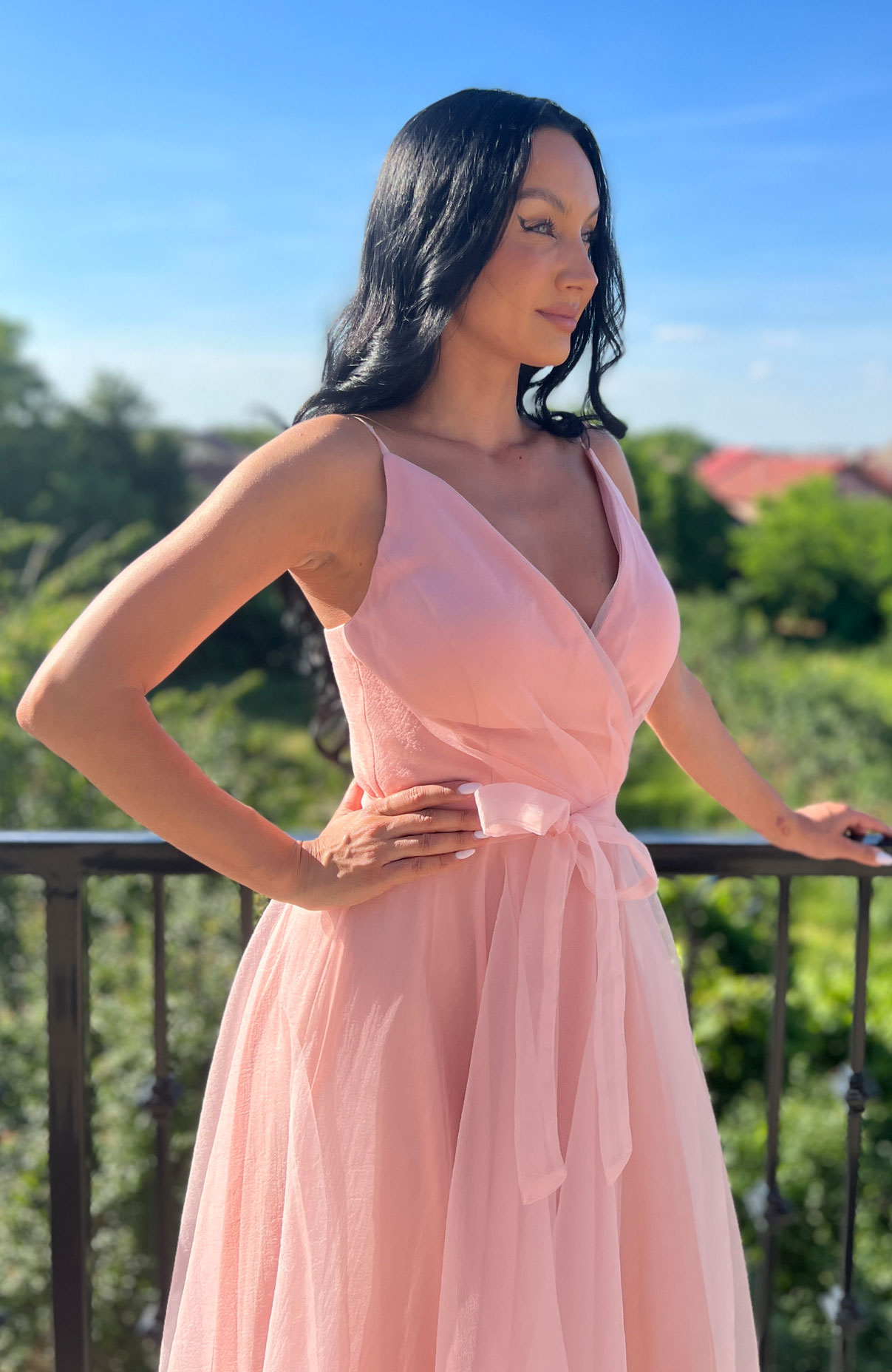 Rochie eleganta roz midi din tull 7