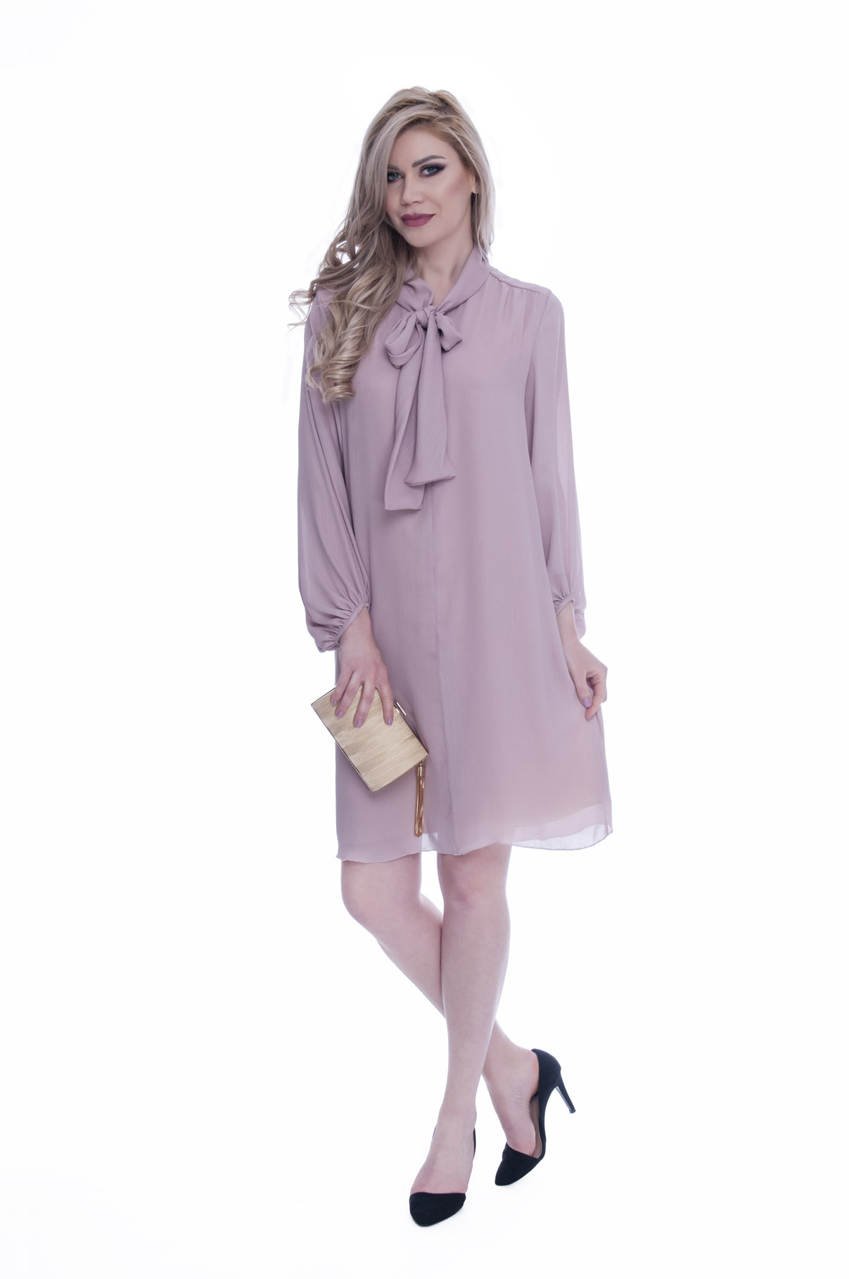 Rochie eleganta roz prafuit cu funda 3