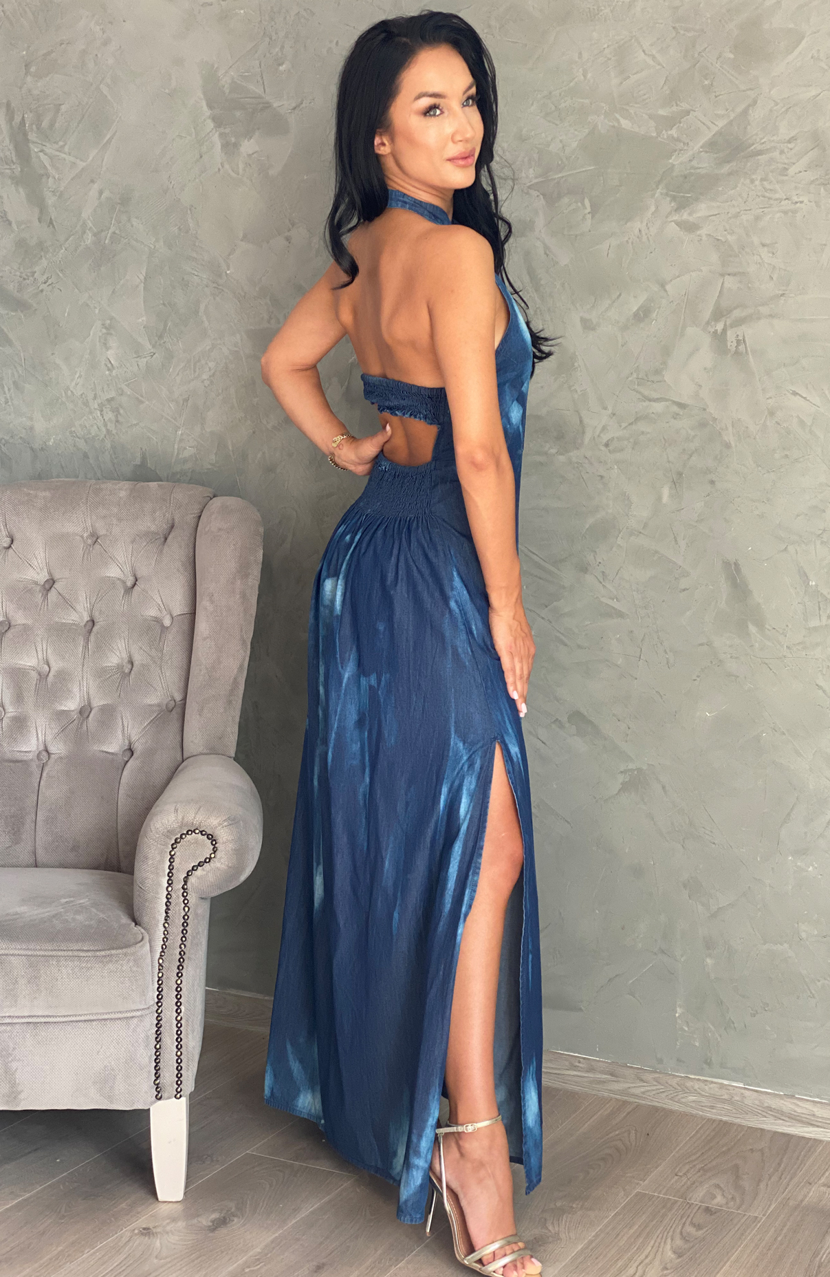 Rochie lunga din denim cu spatele gol 4