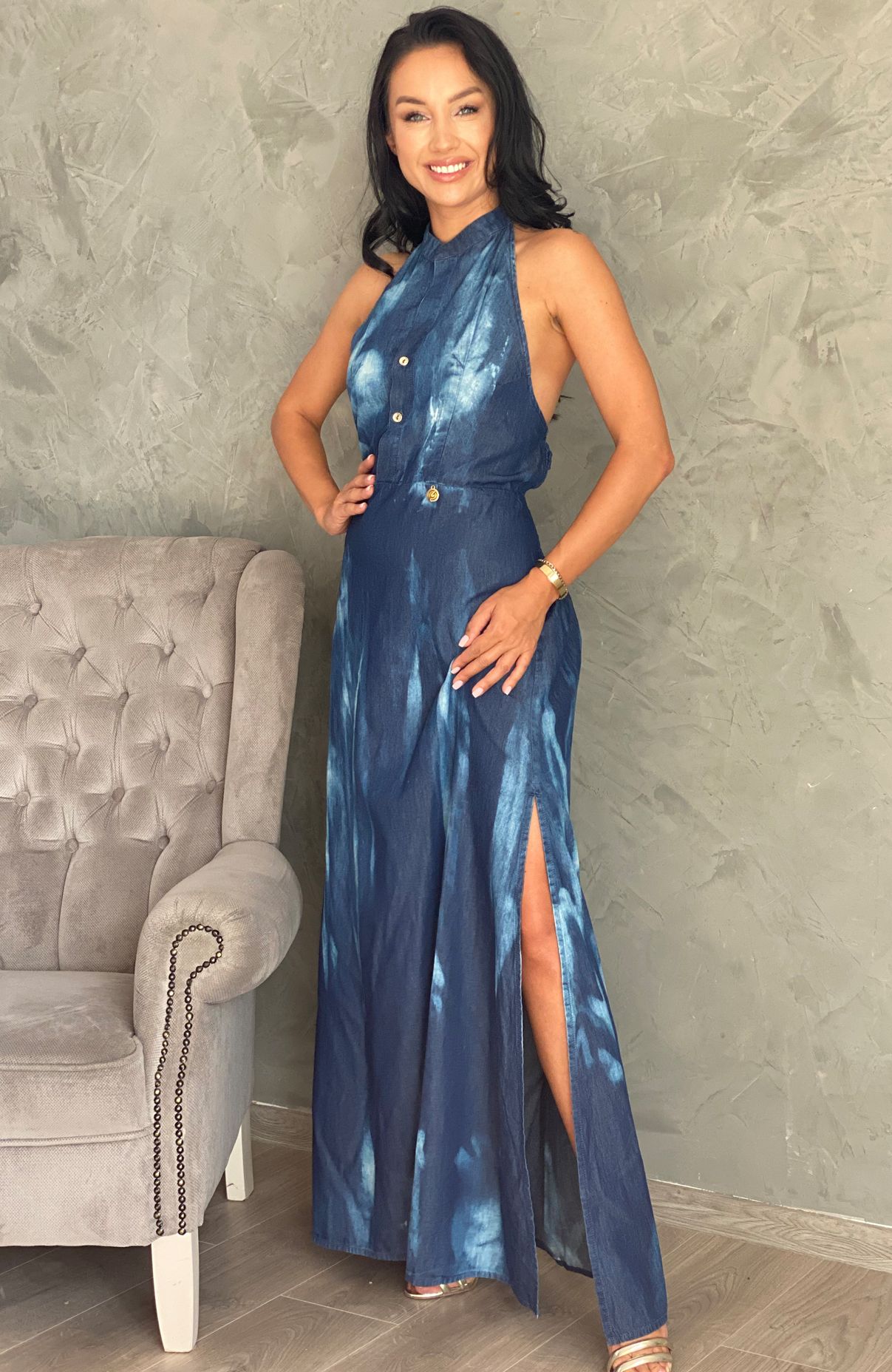 Rochie lunga din denim cu spatele gol 2