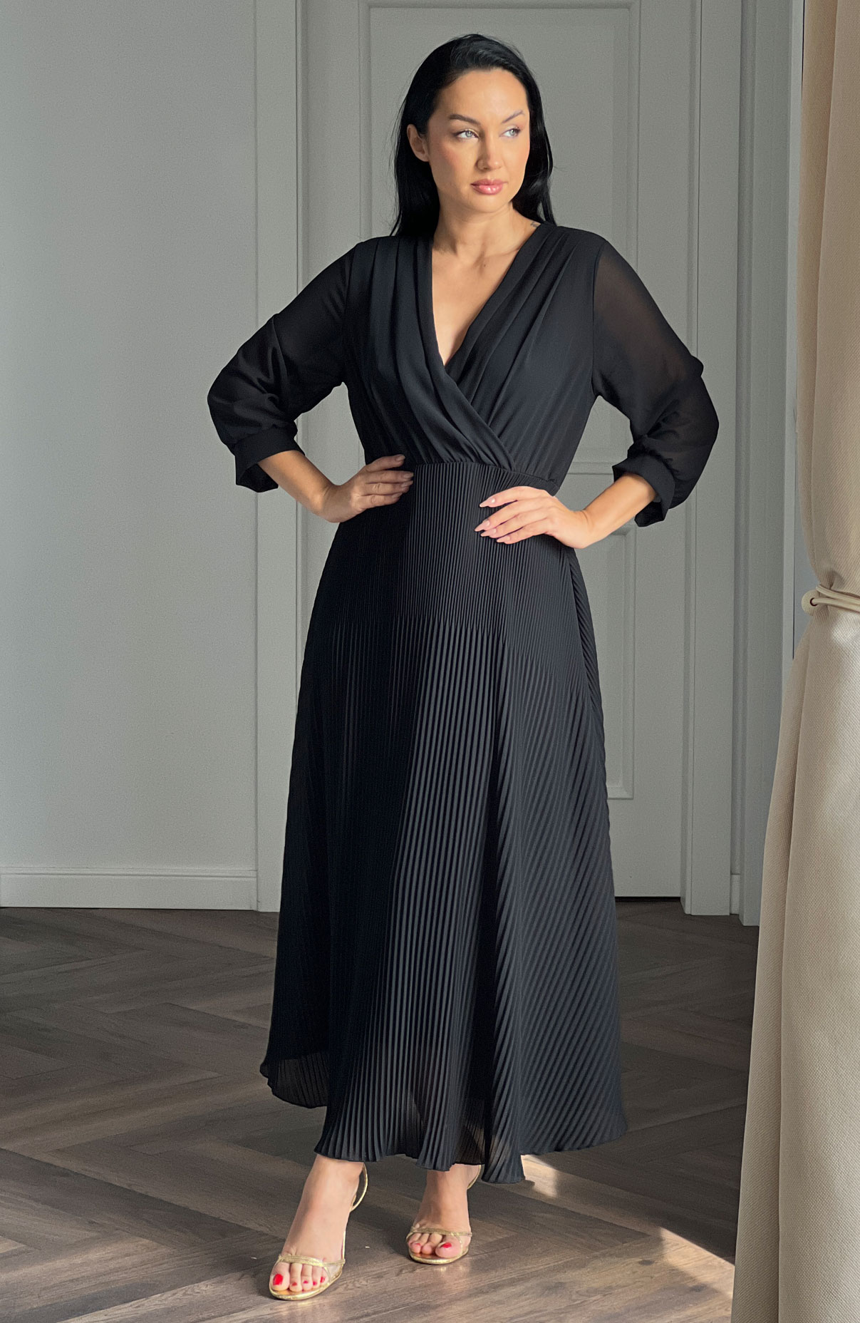Rochie plisata eleganta lunga neagra