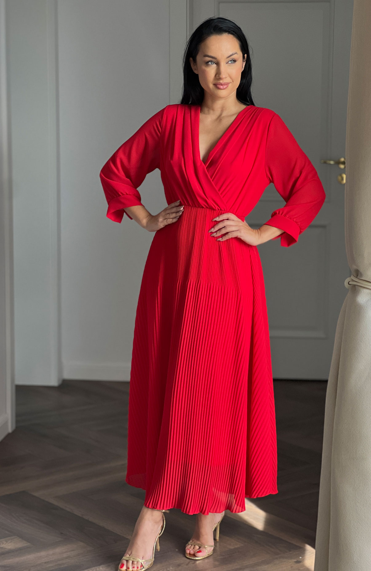 Rochie plisata eleganta lunga rosie