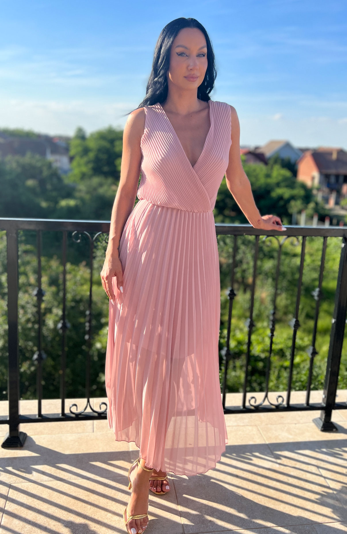 Rochie plisata eleganta lunga roz 6