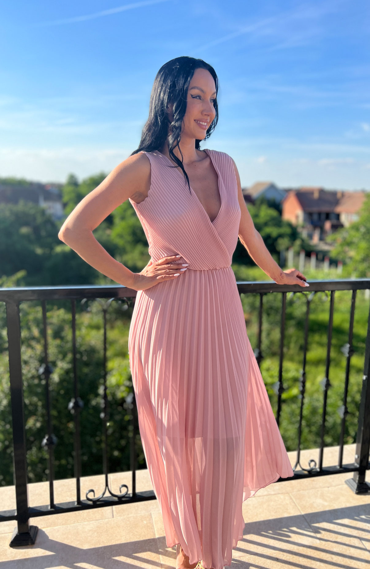Rochie plisata eleganta lunga roz 3