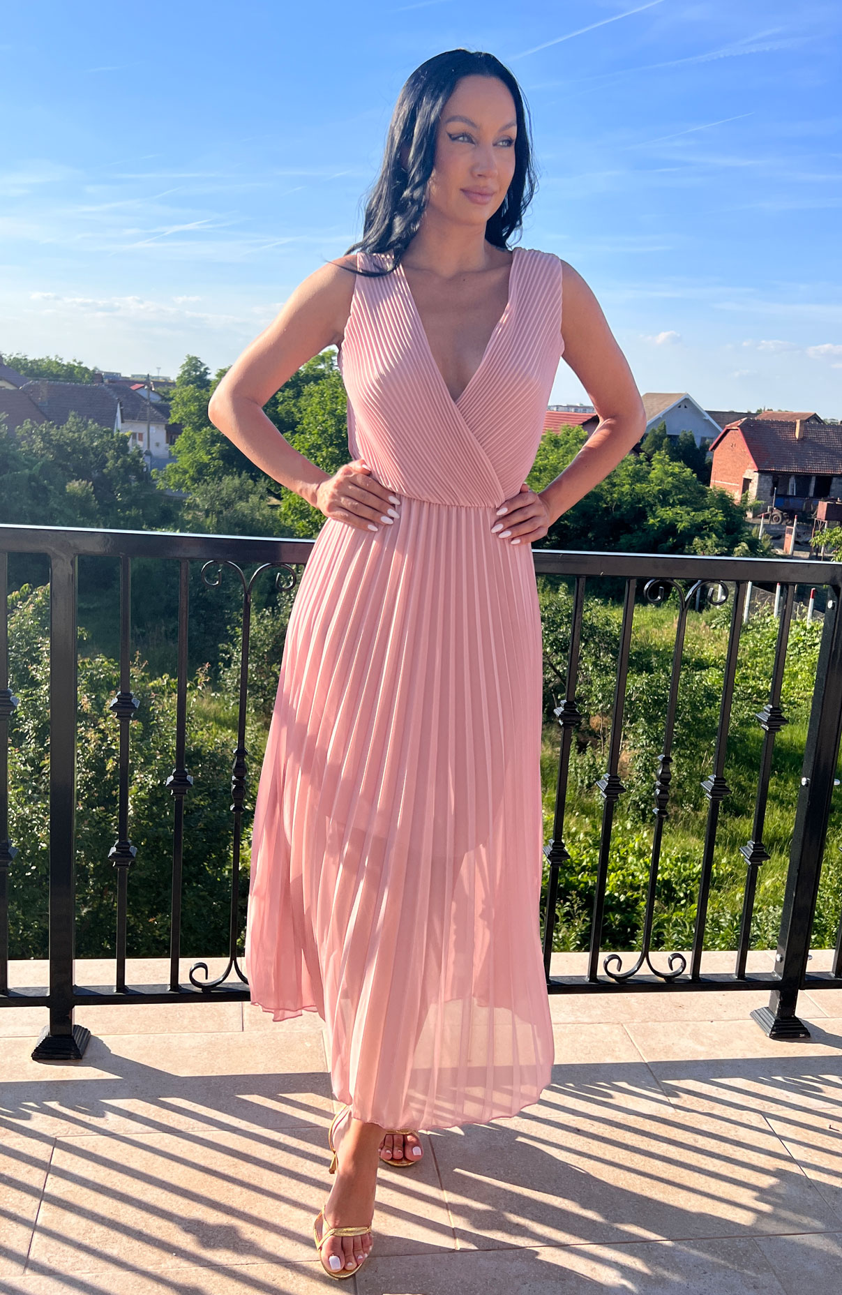 Rochie plisata eleganta lunga roz