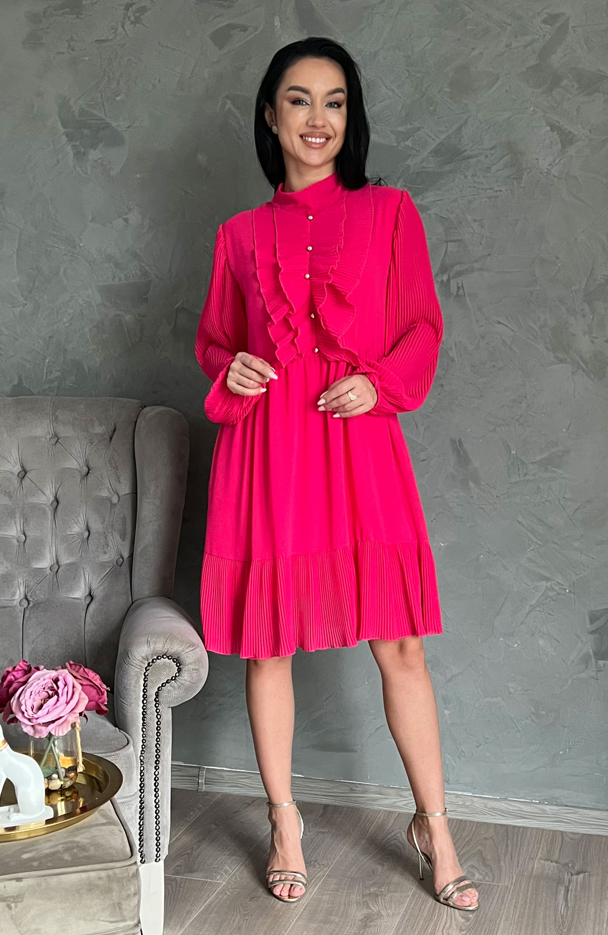 Rochie plisata midi fucsia 2