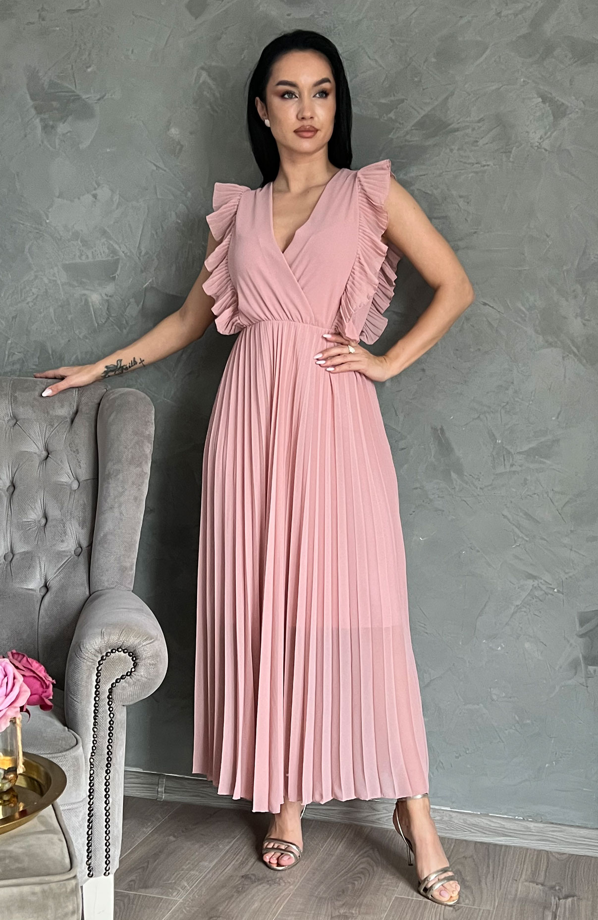 Rochie roz lunga plisata 2