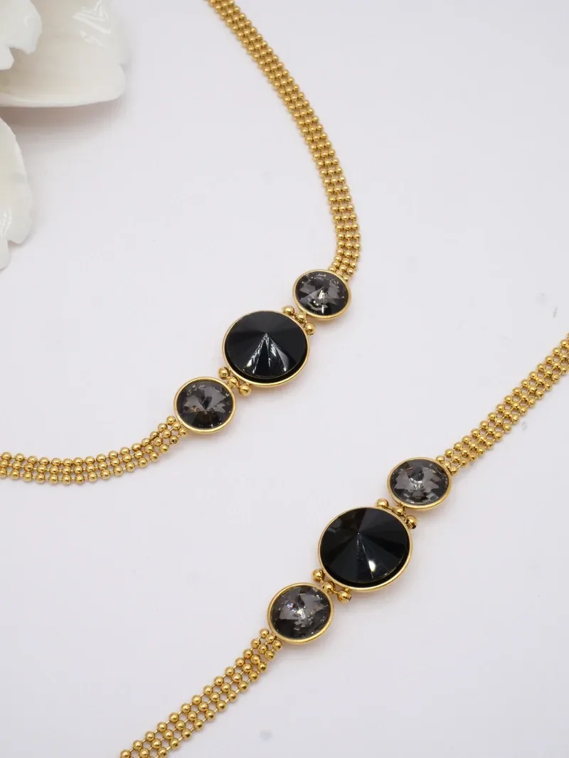 Set choker si bratara aurii otel cu pietre negre