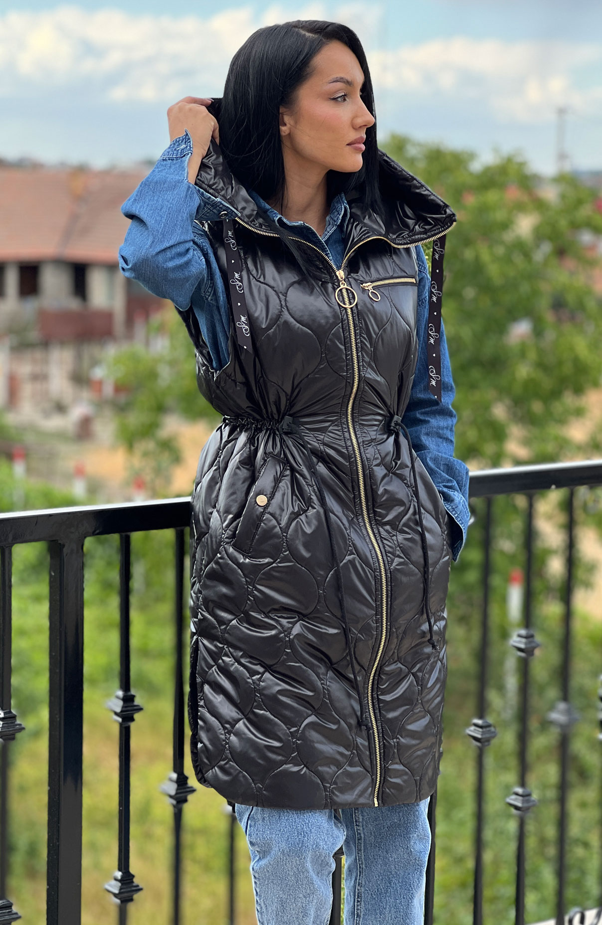 Vesta dama neagra lunga cu fermoar 3