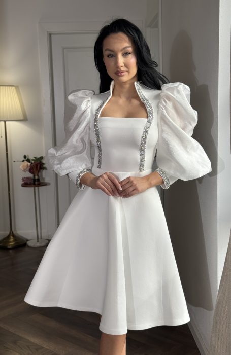 Rochie cununie alba midi cu maneci bufante